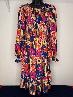 SundayUp Long Sleeve Floral Smock Dress in Navy, Pink & Orange